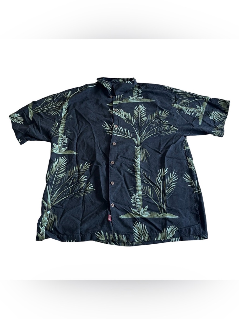Tommy Bahama Relaxed Fit 100% Silk Hawaiian Camp Shirt Black Palm Tree Leaf XL